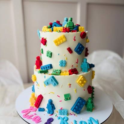 Two-tier white cake covered in colourful sugar building blocks and figures